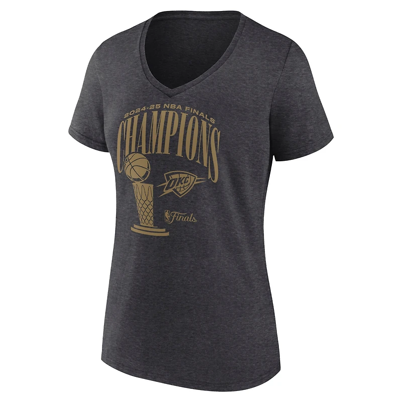 T-shirt col V Fanatics pour femme, couleur anthracite, avec le trophée Signature Roster des champions de la finale NBA 2025 du Thunder d'Oklahoma City.