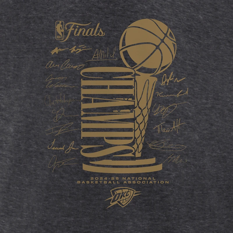 T-shirt col V Fanatics pour femme, couleur anthracite, avec le trophée Signature Roster des champions de la finale NBA 2025 du Thunder d'Oklahoma City.