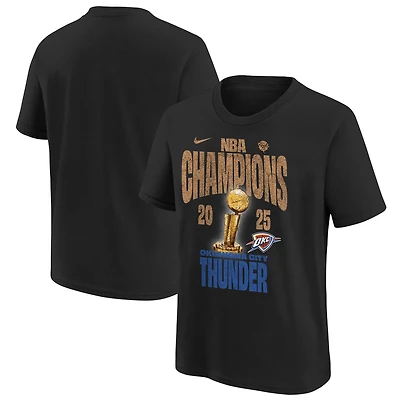 T-shirt Nike noir pour jeunes Oklahoma City Thunder, champions de la finale NBA 2025, motif confettis dans les vestiaires