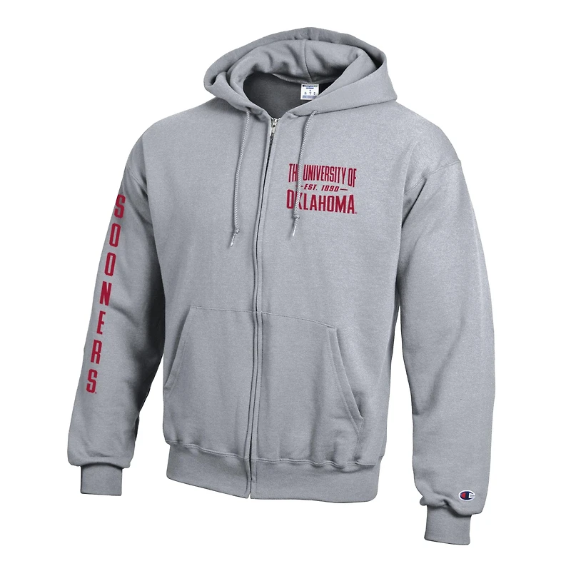 Sweat à capuche zippé en polaire Champion gris Oklahoma Sooners Varsity Powerblend pour homme
