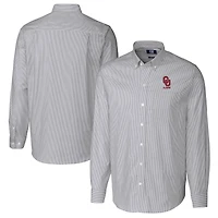 Chemise boutonnée à manches longues et rayures Oxford extensibles pour homme, couleur anthracite, avec logo des anciens élèves Oklahoma Sooners, Cutter & Buck