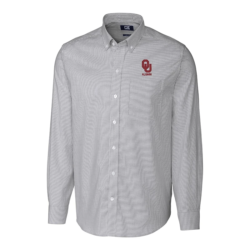 Chemise boutonnée à manches longues et rayures Oxford extensibles pour homme, couleur anthracite, avec logo des anciens élèves Oklahoma Sooners, Cutter & Buck
