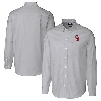 Chemise boutonnée à manches longues et rayures Oxford extensibles pour homme, couleur anthracite, avec logo des anciens élèves Oklahoma Sooners, Cutter & Buck