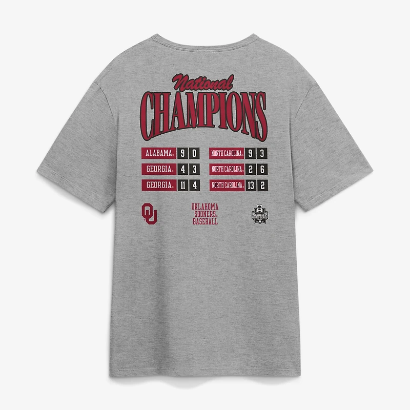 Men's Fanatics Gray Oklahoma Sooners 2026 NCAA Baseball College World Series Champions Schedule T-Shirt