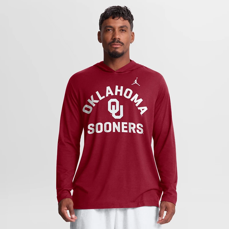 Men's Jordan Brand Crimson Oklahoma Sooners Primetime Arch Tri-Blend Dri-FIT Long Sleeve Hooded T-Shirt