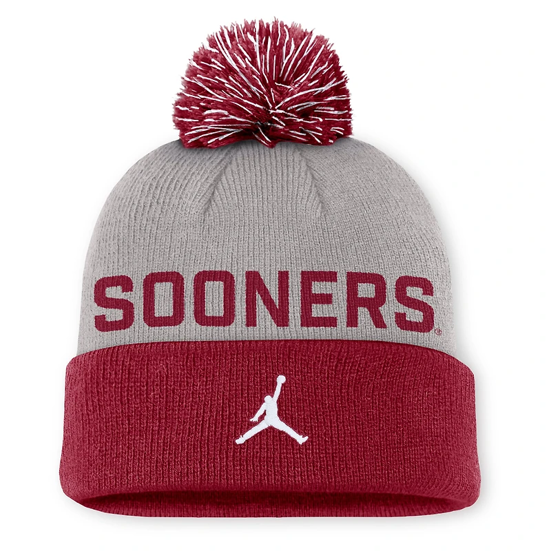 Bonnet en tricot à revers et pompon Primetime Peak des Oklahoma Sooners de Jordan Brand pour homme, gris/cramoisi