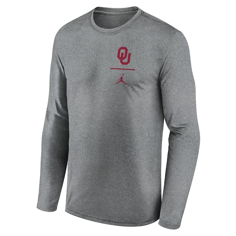 Men's Jordan Brand Heather Gray Oklahoma Sooners Primary Stack Legend Performance Long Sleeve T-Shirt