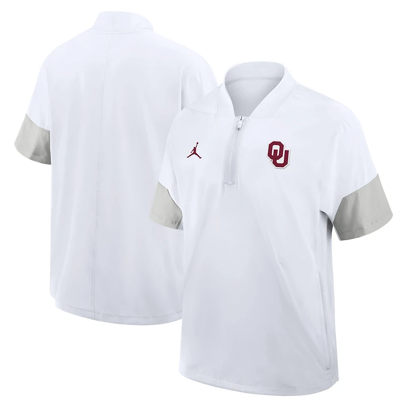 Veste de coach Jordan Brand blanche Oklahoma Sooners 2025 Sideline à manches courtes et fermeture éclair au quart Dri-FIT pour homme