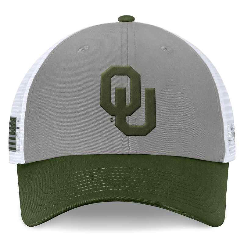 Men's Top of the World Gray/Green Oklahoma Sooners OHT Military Appreciation Badge Trucker Adjustable Hat