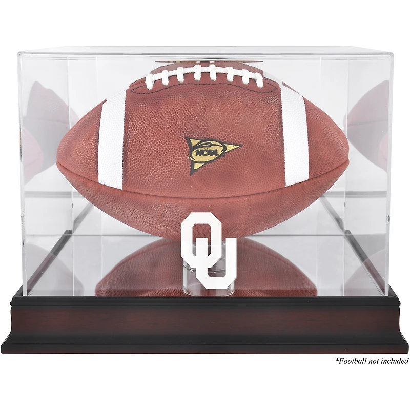 Vitrine pour ballon de football américain Oklahoma Sooners en acajou avec logo et fond miroir