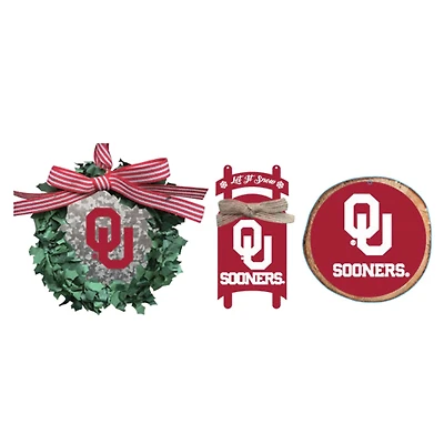 The Memory Company Oklahoma Sooners Three-Pack Wreath, Sled & Circle Ornament Set