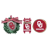 The Memory Company Oklahoma Sooners Three-Pack Wreath, Sled & Circle Ornament Set