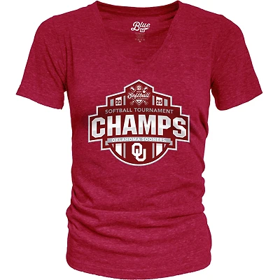 Women's Blue 84  Crimson Oklahoma Sooners 2025 SEC Softball Conference Tournament Champions Locker Room V-Neck T-Shirt