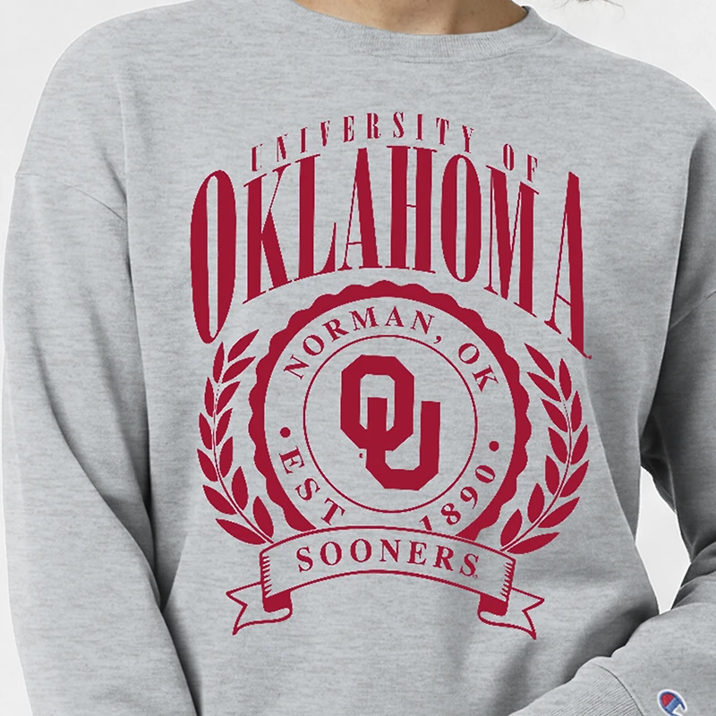 Women's Champion Heather Gray Oklahoma Sooners Academic Crest Powerblend Crewneck Sweatshirt