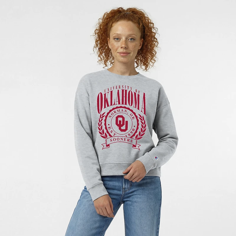 Women's Champion Heather Gray Oklahoma Sooners Academic Crest Powerblend Crewneck Sweatshirt