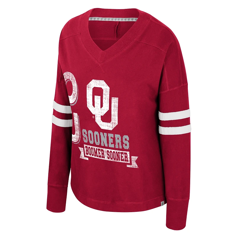 Women's Colosseum  Crimson Oklahoma Sooners Oversized Violet Distressed V-Neck Long Sleeve T-Shirt