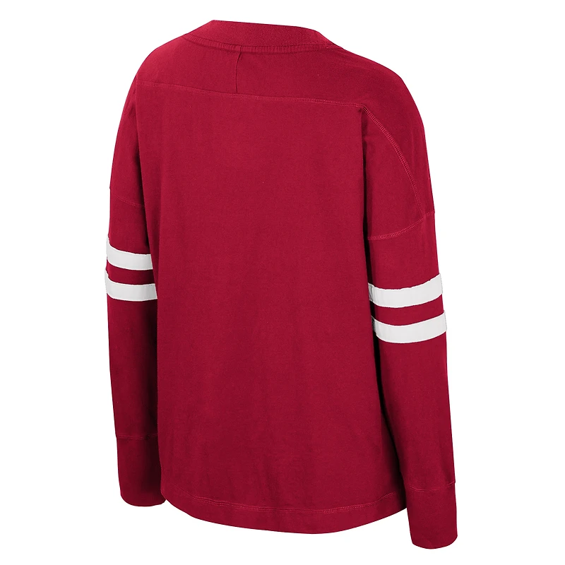 T-shirt surdimensionné violet à manches longues et col en V pour femme Colosseum Crimson Oklahoma Sooners