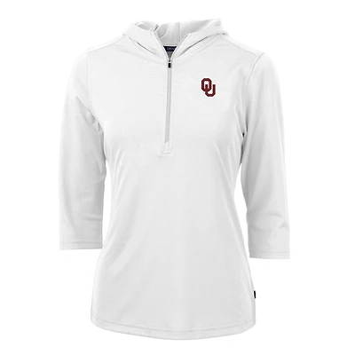 Sweat à capuche blanc manches 3/4 et demi-zip pour femme, Cutter & Buck, Oklahoma Sooners, Virtue Eco Pique