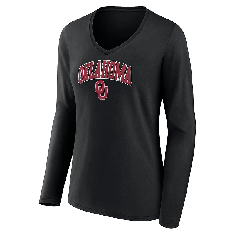 Women's Fanatics Black Oklahoma Sooners Campus Long Sleeve V-Neck T-Shirt