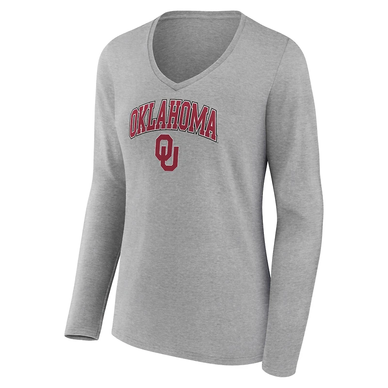 Women's Fanatics Heather Gray Oklahoma Sooners Campus Long Sleeve V-Neck T-Shirt