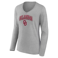 Women's Fanatics Heather Gray Oklahoma Sooners Campus Long Sleeve V-Neck T-Shirt