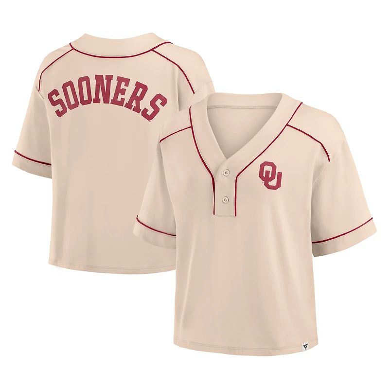 Women's Fanatics Tan Oklahoma Sooners Oversized Dominant Force Cropped V-Neck T-Shirt