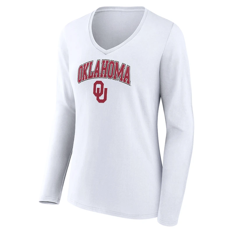 Women's Fanatics White Oklahoma Sooners Campus Long Sleeve V-Neck T-Shirt