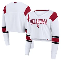 Women's Fanatics White Oklahoma Sooners Training Camp Cropped Long Sleeve V-Neck Fashion Top
