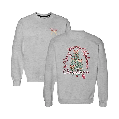 Women's Heather Gray Oklahoma Sooners Classic Merry Christmas Tree Crewneck Sweatshirt