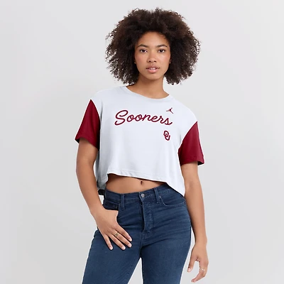 Women's Jordan Brand  White/Crimson Oklahoma Sooners Color-Block Script Dri-FIT Cropped T-Shirt