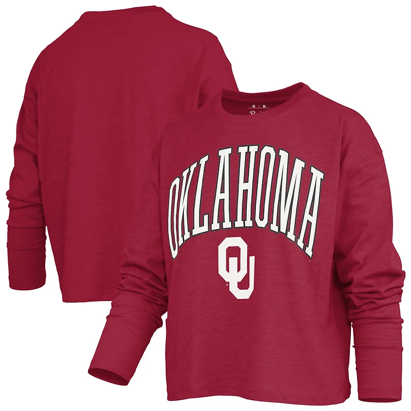 T-shirt à manches longues et coupe carrée pour femme, Pressbox Crimson Oklahoma Sooners Motley.
