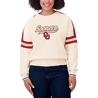 Women's WEAR by Erin Andrews  Cream Oklahoma Sooners Chenille Woven Patch Stripe Pullover Sweater