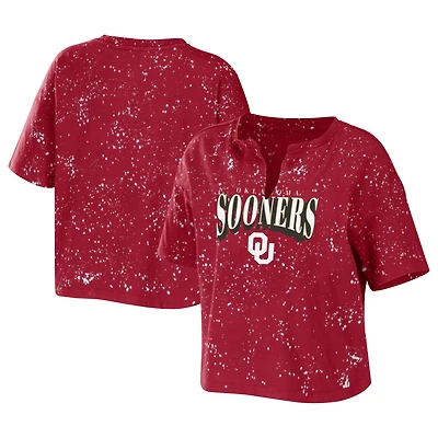 Women's WEAR by Erin Andrews Crimson Oklahoma Sooners Bleach Wash Splatter Cropped Notch Neck T-Shirt