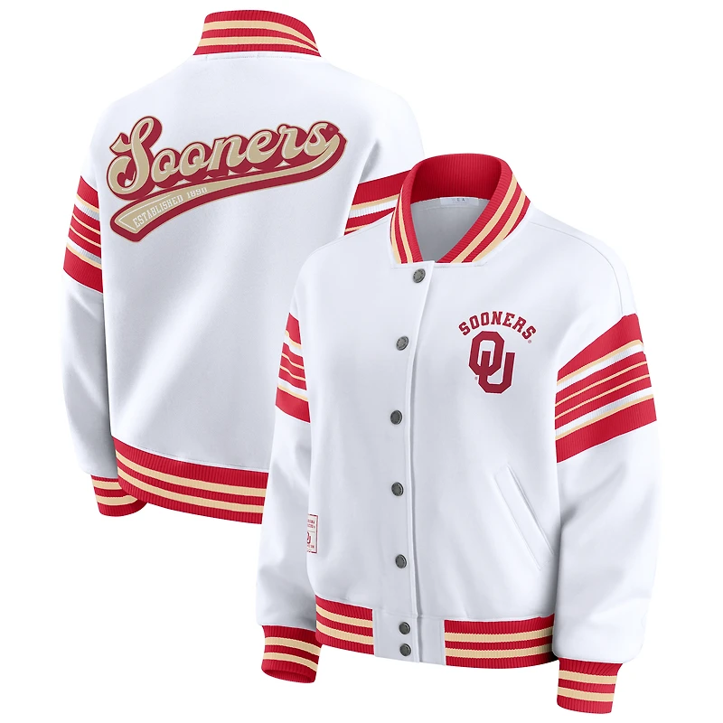 Women's WEAR by Erin Andrews White/Crimson Oklahoma Sooners Satin Stitch Full-Snap Fleece Sweatshirt Jacket