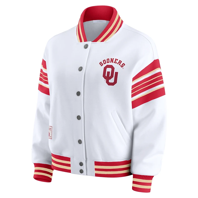 Women's WEAR by Erin Andrews White/Crimson Oklahoma Sooners Satin Stitch Full-Snap Fleece Sweatshirt Jacket