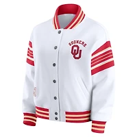 Women's WEAR by Erin Andrews White/Crimson Oklahoma Sooners Satin Stitch Full-Snap Fleece Sweatshirt Jacket