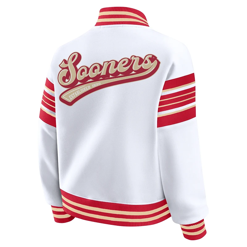 Women's WEAR by Erin Andrews White/Crimson Oklahoma Sooners Satin Stitch Full-Snap Fleece Sweatshirt Jacket