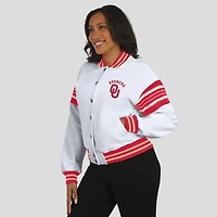Women's WEAR by Erin Andrews White/Crimson Oklahoma Sooners Satin Stitch Full-Snap Fleece Sweatshirt Jacket