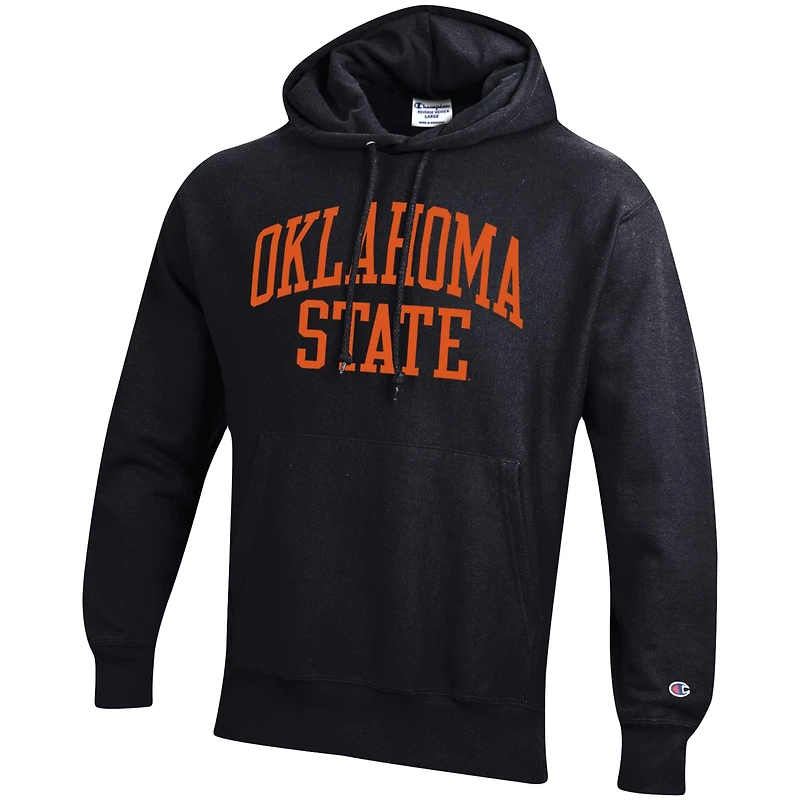 Sweat à capuche noir Champion pour homme, coupe décontractée, motif Team Arch Reverse Weave, Oklahoma State Cowboys