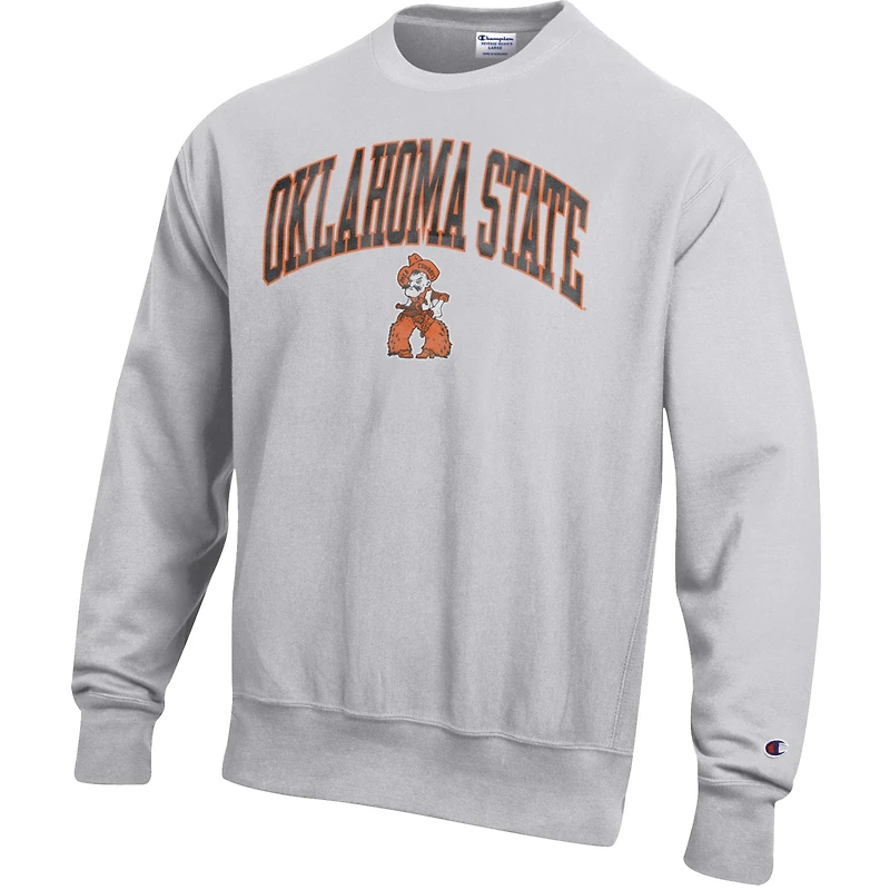 Men's Champion Gray Oklahoma State Cowboys Distressed Arch Over Logo Reverse Weave Crew Neck Sweatshirt