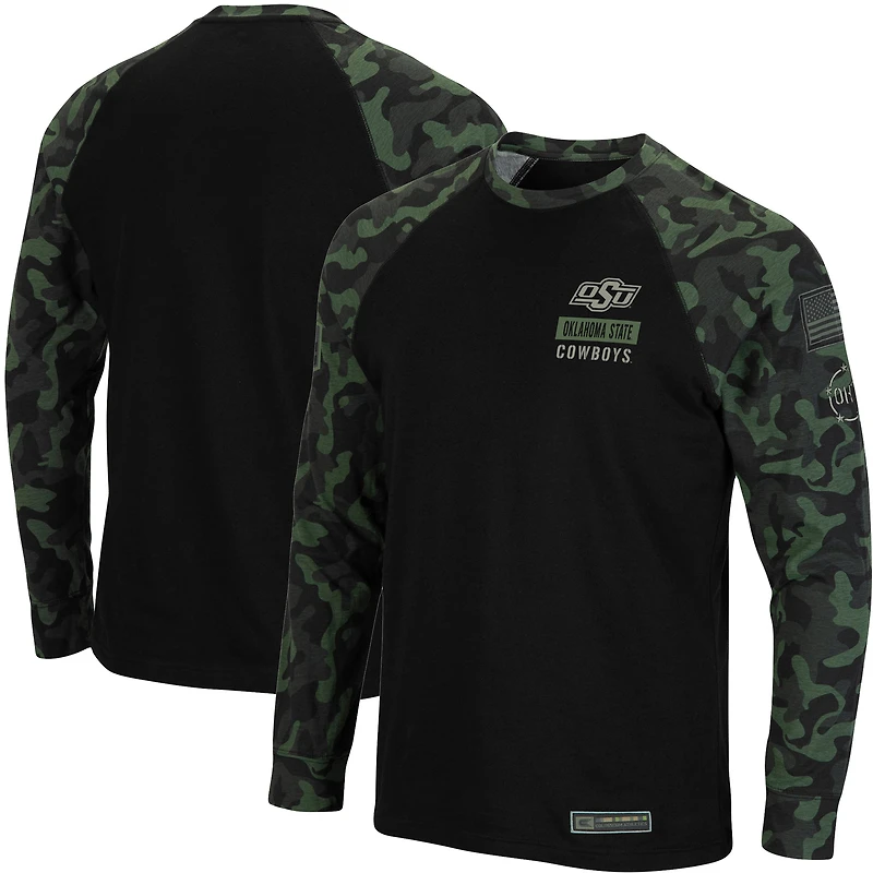 T-shirt à manches longues raglan camouflage Colosseum Black Oklahoma State Cowboys OHT Military Appreciation pour homme