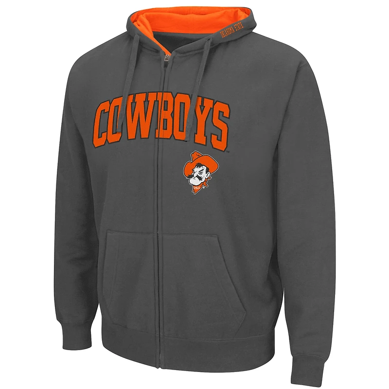 Sweat à capuche entièrement zippé pour homme Colosseum Charcoal Oklahoma State Cowboys Arch & Logo 3.0