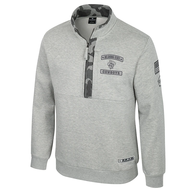 Veste polaire à fermeture éclair quart de tour Colosseum Heather Grey pour homme Oklahoma State Cowboys OORAH OHT Military Appreciation