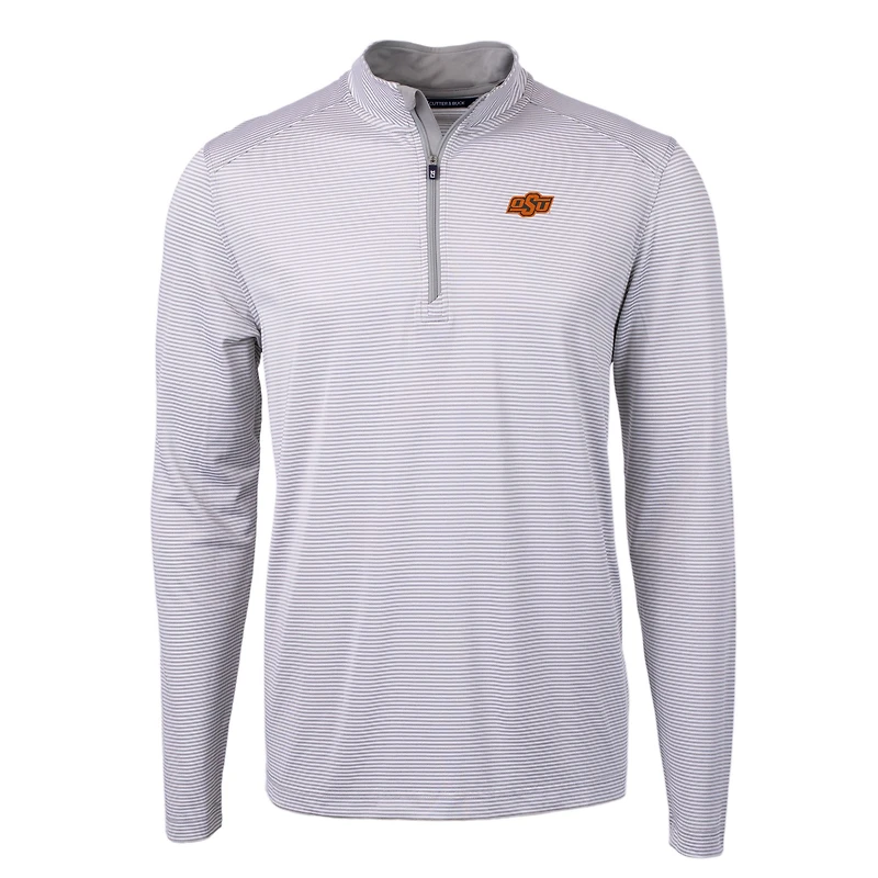 Men's Cutter & Buck  Gray/White Oklahoma State Cowboys Big Tall Virtue Eco Pique Micro Stripe Recycled Quarter-Zip Pullover Top