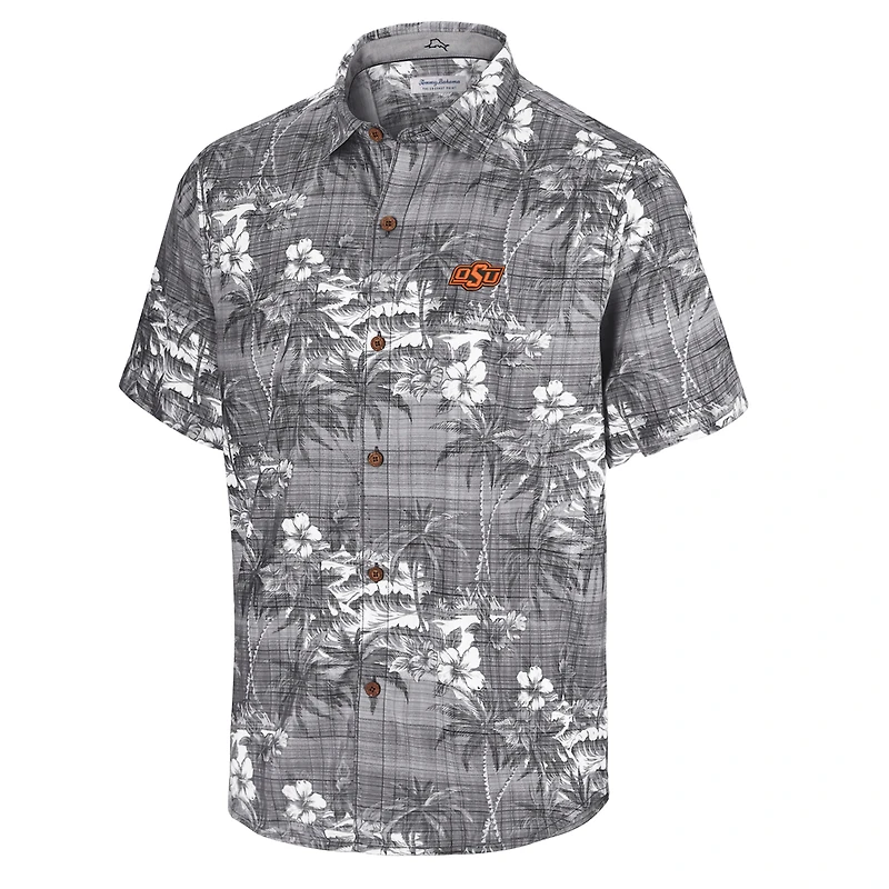 Men's Tommy Bahama Black Oklahoma State Cowboys Coconut Point Palmetta IslandZone Camp Button-Up Shirt