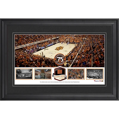 Collage panoramique encadré du 75e anniversaire de la Gallagher-Iba Arena des Cowboys de l'Oklahoma avec ballon de basket utilisé lors du match - Édition limitée à 500 exemplaires