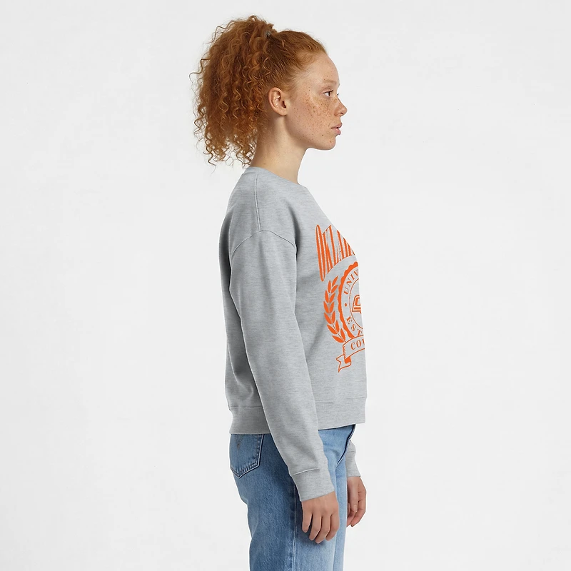 Sweat-shirt à col rond Powerblend gris chiné pour femme, modèle Champion, avec écusson académique des Oklahoma State Cowboys.