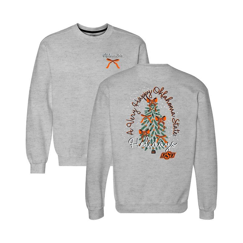 Sweat-shirt à col rond pour femme, gris chiné, Oklahoma State Cowboys, motif sapin de Noël classique
