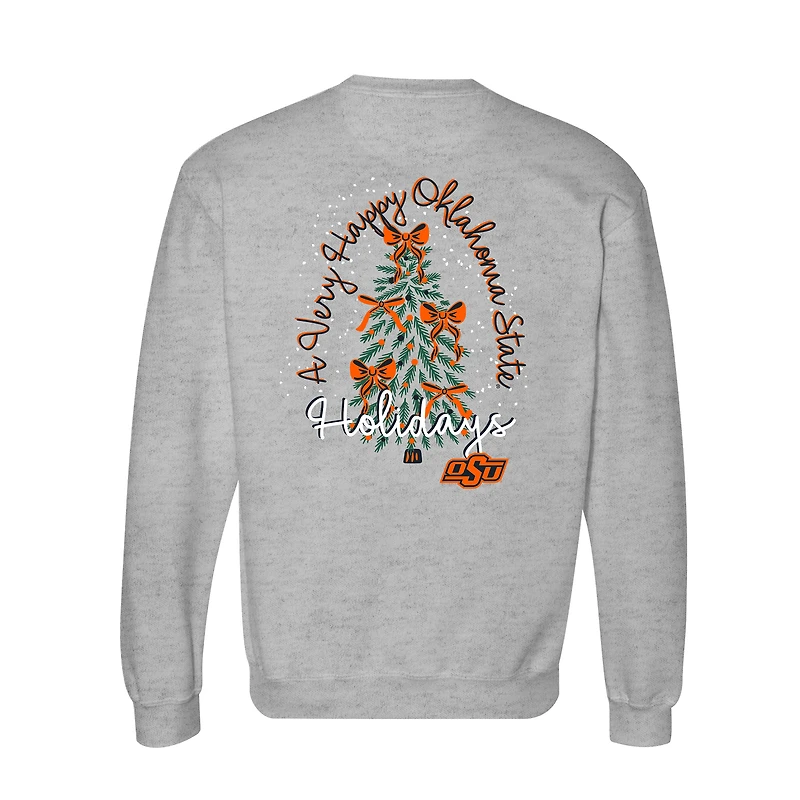 Women's  Heather Gray Oklahoma State Cowboys Classic Merry Christmas Tree Crewneck Sweatshirt