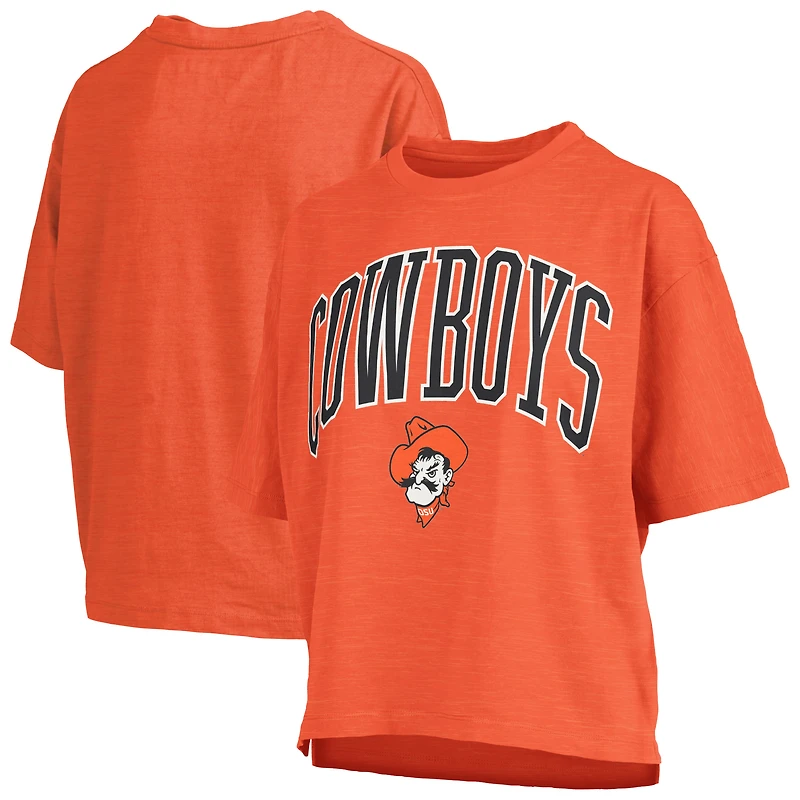 T-shirt surdimensionné orange Pressbox pour femme, avec logo Nelson Arch Over, longueur à la taille, des Cowboys de l'Oklahoma State